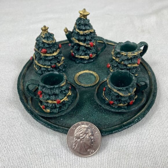 Mini Xmas Tree Resin Tea Set w/ Tray – 10pc Teapot, Sugar w/Lids, Cups - Picture 1 of 6